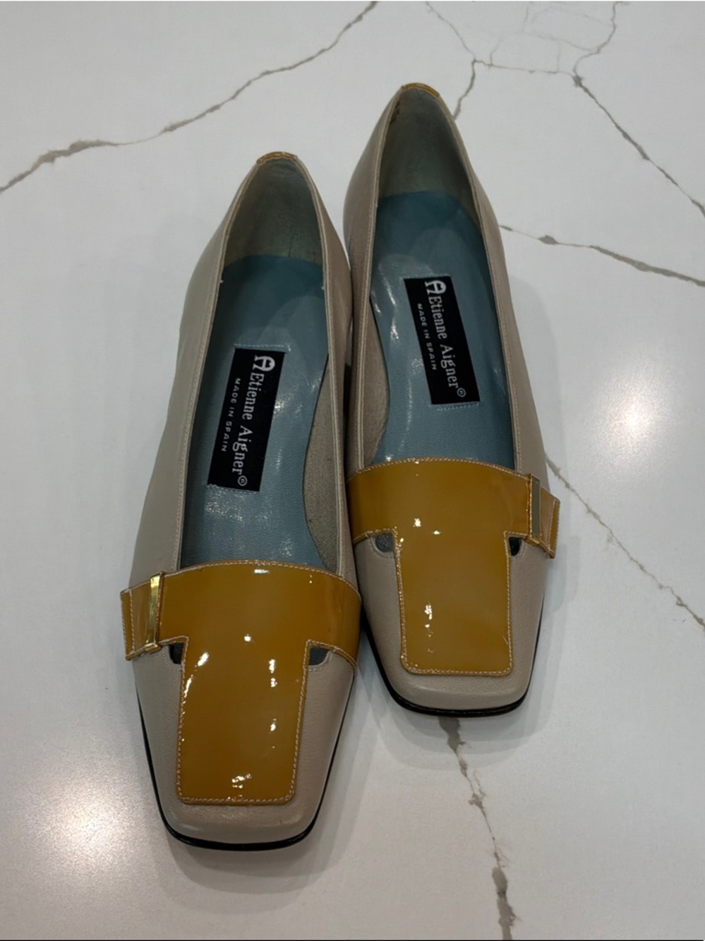 Etienne Aigner Size 6 M Beige Mustard Patent-Trim Loafers Rare Blue Insole